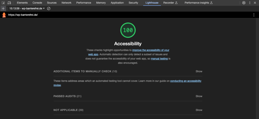 Screenshot von Google Lighthouse in den Chrome Developer Tools zum Test der barrierefreien Umsetzung einer Website.