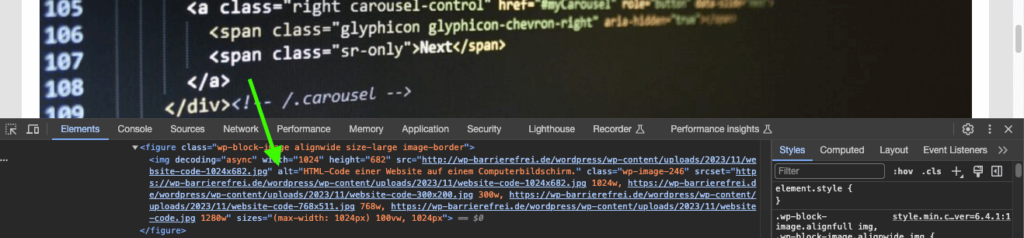 Screenshot der Browser Developer Tools mit Hinweis auf das alt-Attribut eines Bildes im Quellcode der Website.