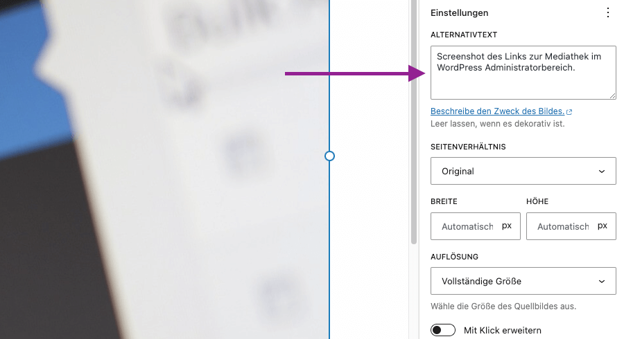 Screenshot des Eingabefeldes für den Alternativtext eines Bildes im WordPress Gutenberg Editor.